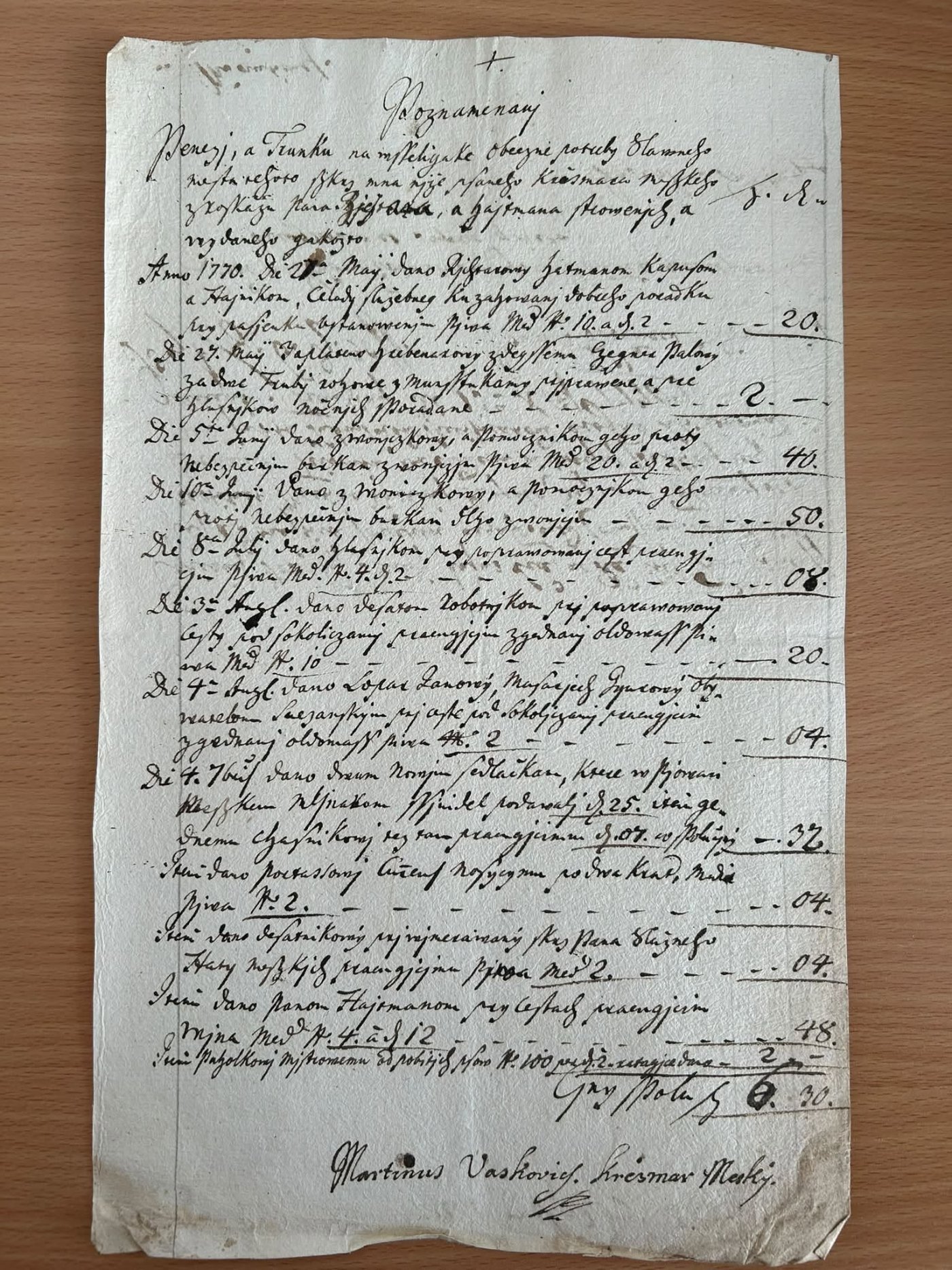V tomto dokumente sa píše, komu kázal richtár v roku 1770 uliať a za čo.